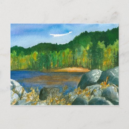 Mountain Lake Autumn Trees Watercolor Painting Postcard