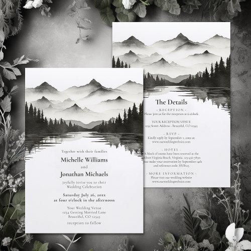 Mountain Lake Black and White All in One Wedding Invitation