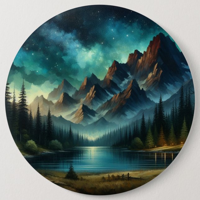 Mountain Lake/cabin under the stars Button (Front)