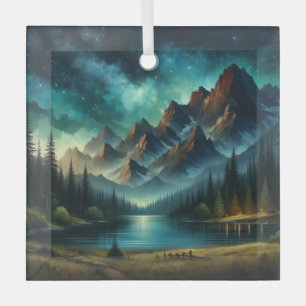Mountain Lake/cabin under the stars Glass Ornament