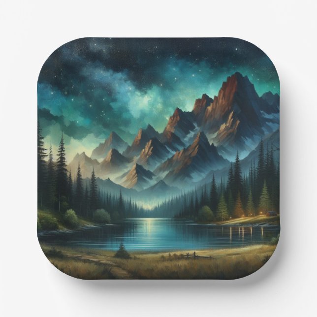 Mountain Lake/cabin under the stars Paper Plates (Front)