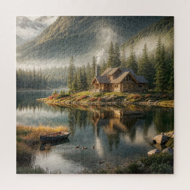 Mountain Lake Cabin with Rowboat Jigsaw Puzzle (Vertical)