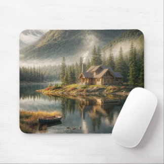 Mountain Lake Cabin with Rowboat Mouse Pad