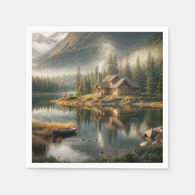 Mountain Lake Cabin with Rowboat Napkins (Front)