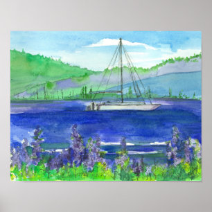 Mountain Lake Catamaran Watercolor Painting Poster