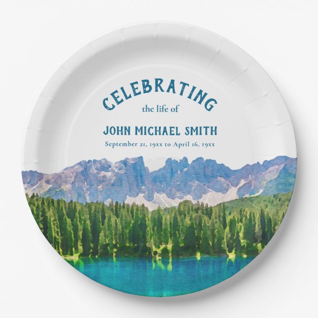 Mountain Lake Celebration of Life Funeral Paper Plates (Front)