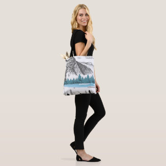Mountain Lake City Skyline | Monochrome Scenery Tote Bag