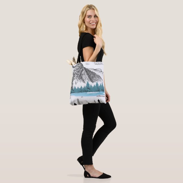 Mountain Lake City Skyline | Monochrome Scenery Tote Bag (On Model)