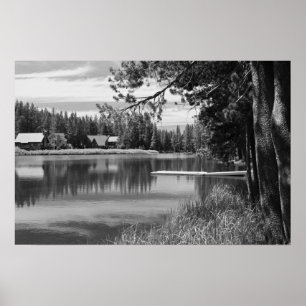 Mountain Lake, Dock, Black and White Poster