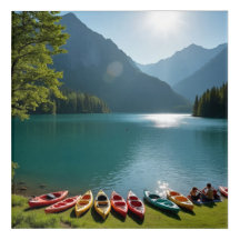 Mountain Lake Escape – Vibrant Kayak Adventure Art