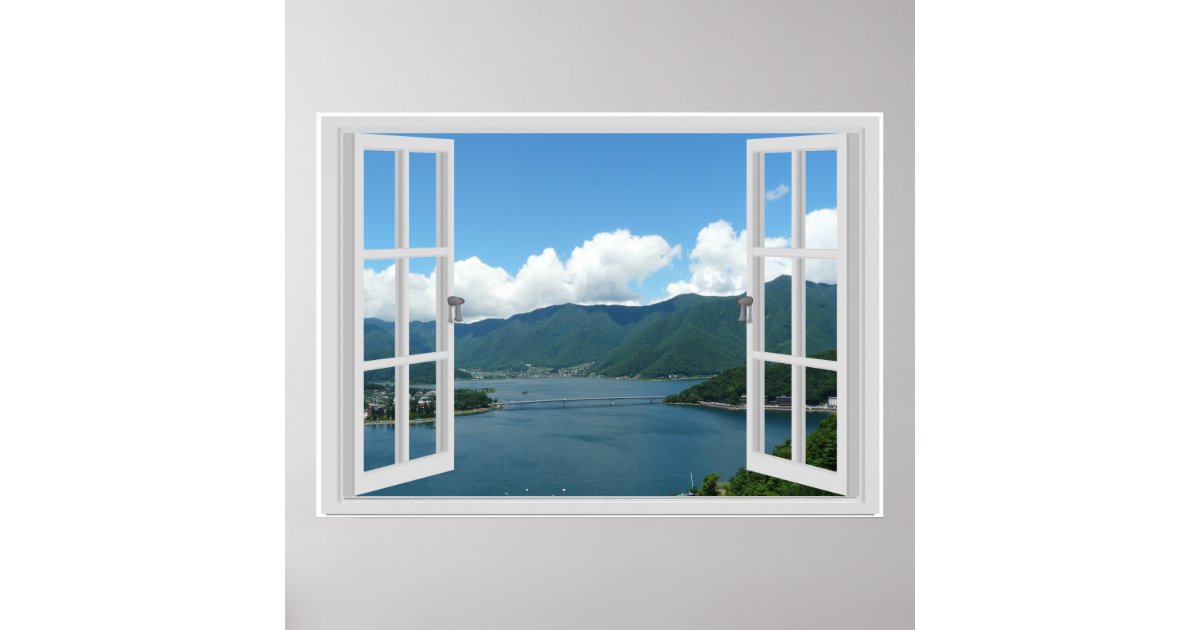 Window Scene Poster Mountain Lake Faux Window Scene Poster | Zazzle