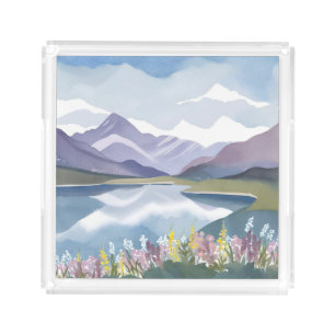 Mountain Lake Floral Watercolor Landscape Acrylic Tray