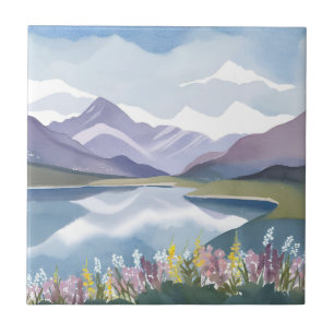 Mountain Lake Floral Watercolor Landscape Ceramic Tile