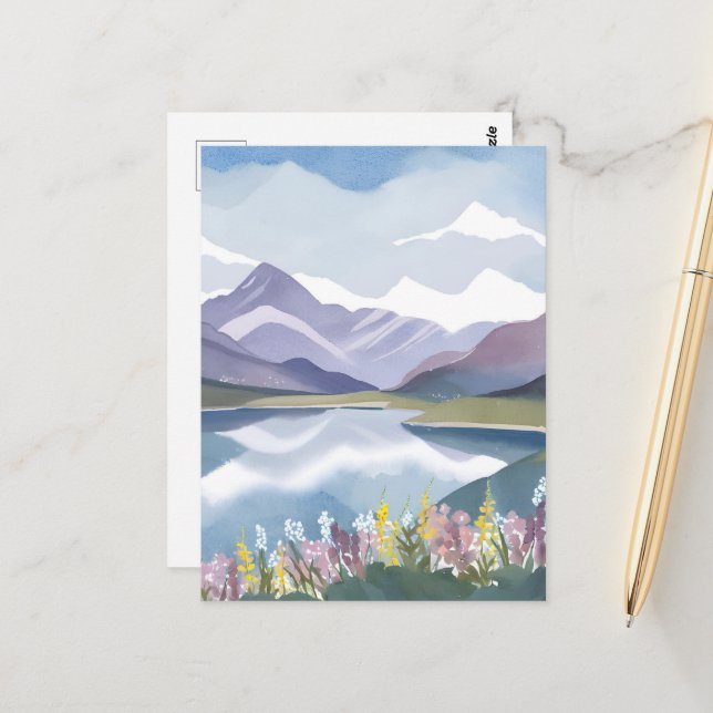 Mountain Lake | Floral Watercolor Landscape Postcard (Front/Back In Situ)