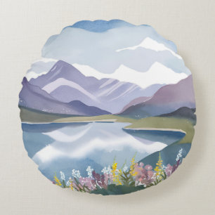 Mountain Lake Floral Watercolor Landscape Round Pillow