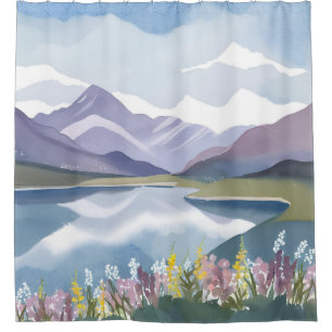 Mountain Lake   Floral Watercolor Landscape Shower Curtain