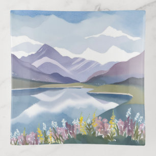 Mountain Lake Floral Watercolor Landscape Trinket Tray