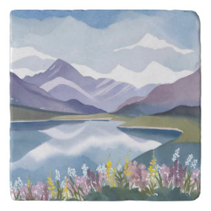 Mountain Lake Floral Watercolor Landscape Trivet