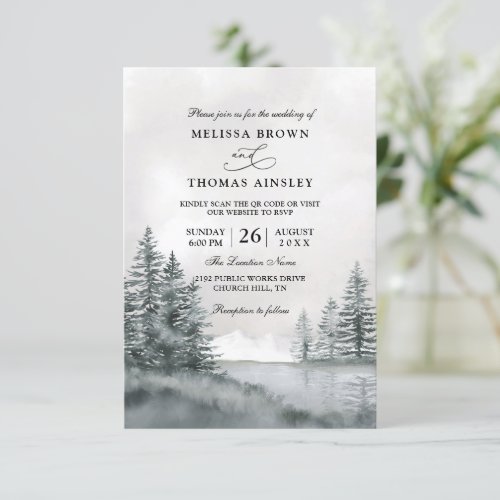 Mountain Lake Forest Budget QR Code Wedding Invitation