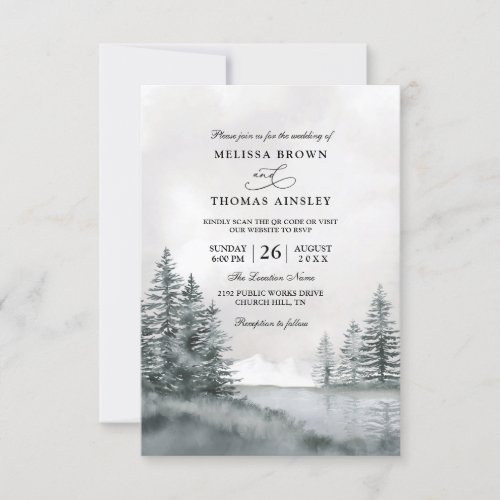 mountain Lake Forest Budget QR Code Wedding Invitation