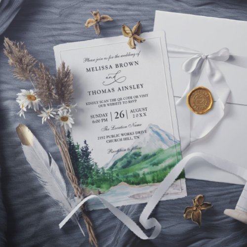 Mountain Lake Forest Budget QR Code Wedding Invitation