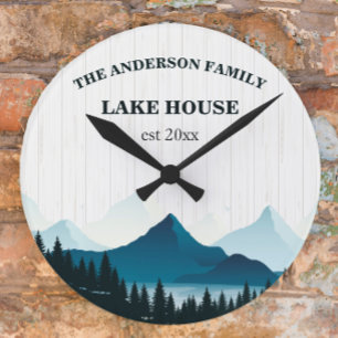 Mountain Lake House Rustic Wood Custom Family Name Round Clock