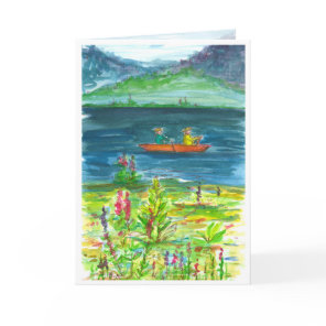 Mountain Lake Kayak Watercolor Happy Birthday Card