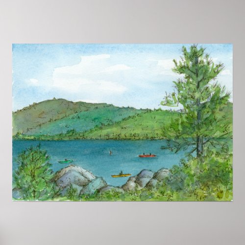 Mountain Lake Kayaking Watercolor Landscape Art Poster