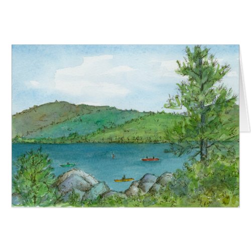 Mountain Lake Kayaking Watercolor Lanscape Art