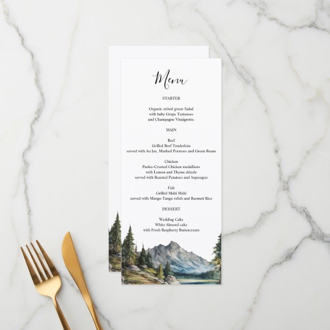 Mountain Lake Menu card personalized names on back (Front/Back In Situ)