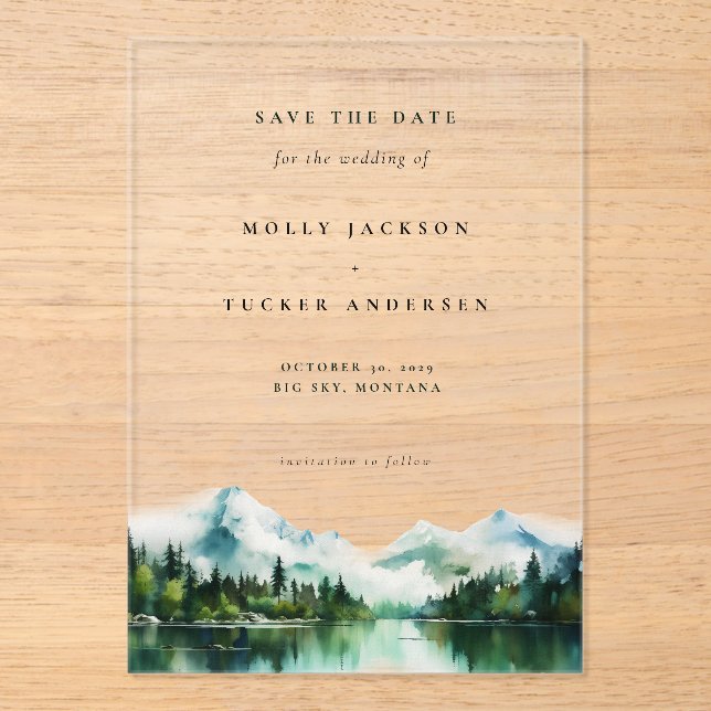 Mountain Lake Pine Watercolor Photo Save the Date  (Front)