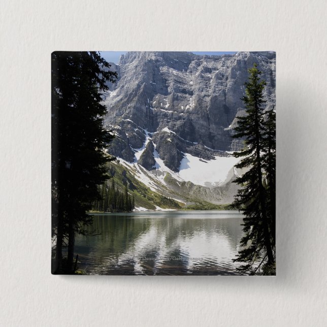Mountain Lake Reflecting Mountain Framed By Trees Pinback Button (Front)