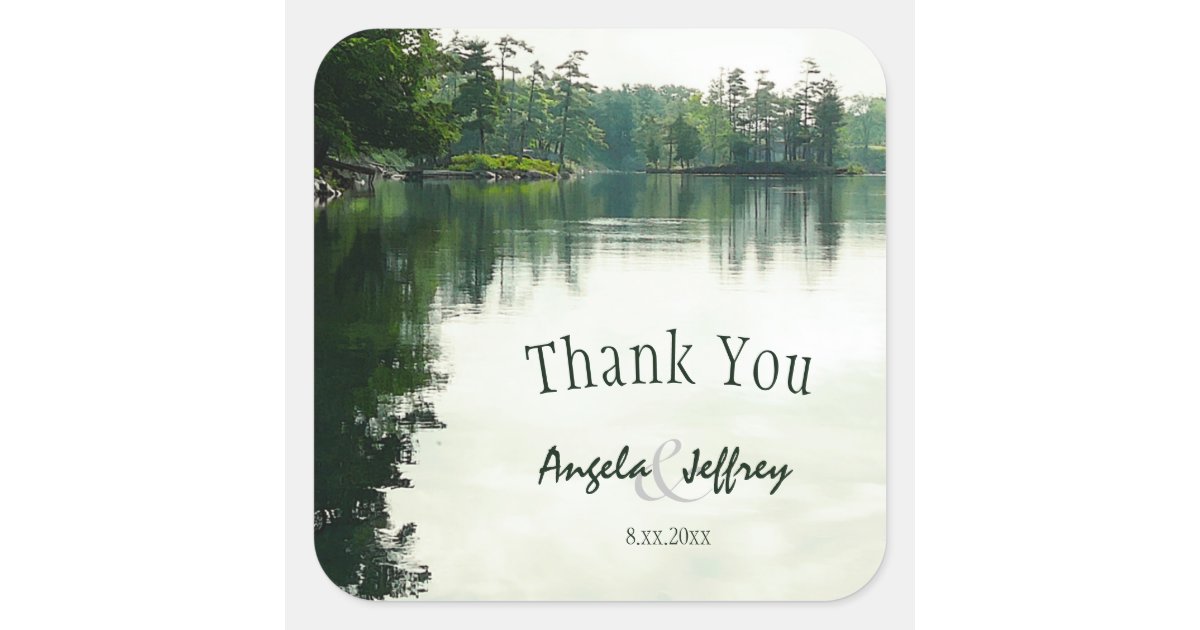 Mountain Lake reflection rustic wedding thank you Square Sticker | Zazzle