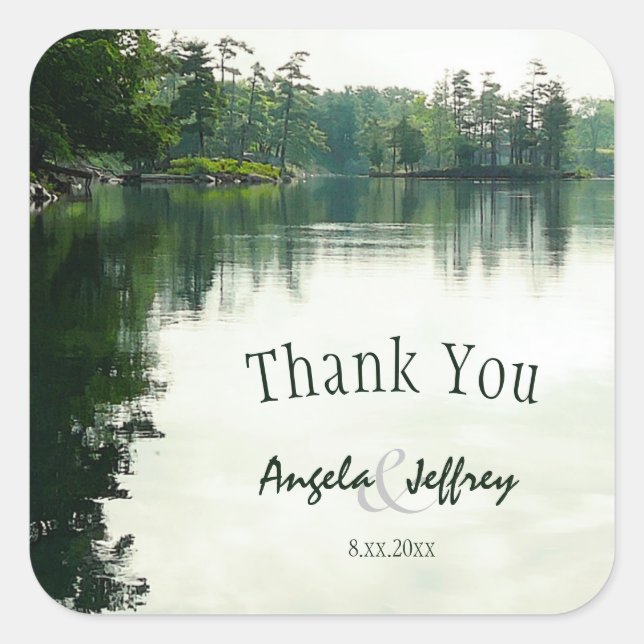 Mountain Lake reflection rustic wedding thank you Square Sticker (Front)