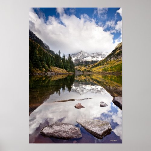 Mountain lake reflection with fall colors poster