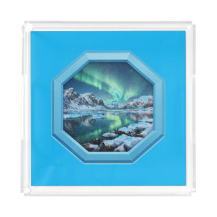 Mountain Lake Reflects No. Lights in Blue Frame Acrylic Tray