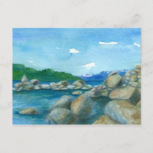 Mountain Lake Rocks Watercolor Landscape Painting Postcard