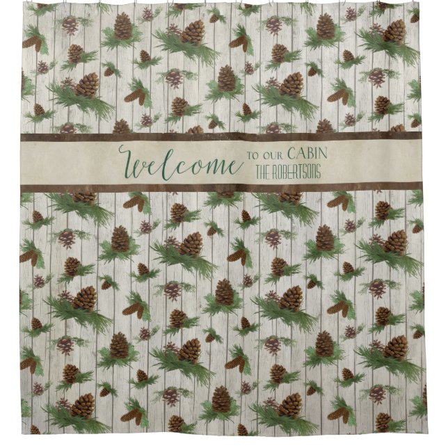 Mountain Lake Rustic Cabin Home Decor Personalized Shower Curtain (Front)
