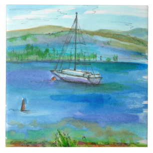 Mountain Lake Sailboat Watercolor Painting Tile