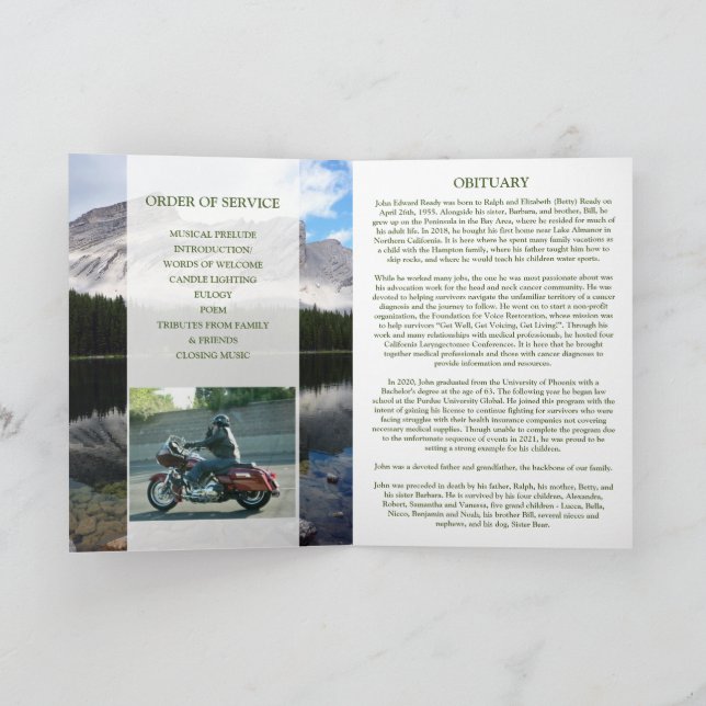 Mountain Lake Scene Memorial Card with Photo (Inside)