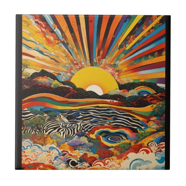 Mountain Lake Sunset Retreat Ceramic Tile (Front)