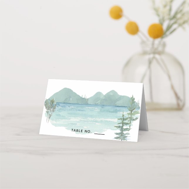 Mountain Lake Theme Watercolor Wedding Place Card (Front)