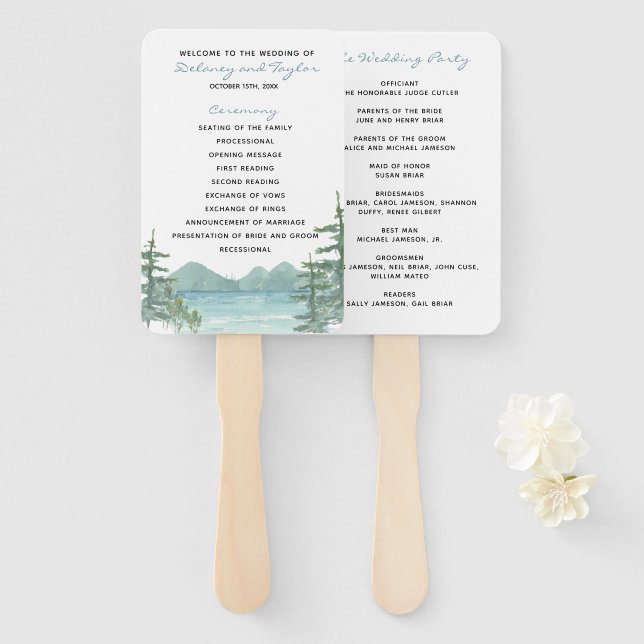 Mountain Lake Theme Watercolor Wedding Program Hand Fan (Front and Back)