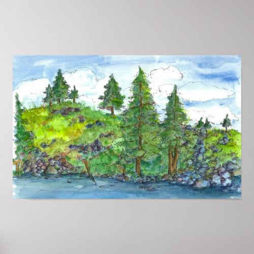 Mountain Lake Trees Watercolor Painting Poster