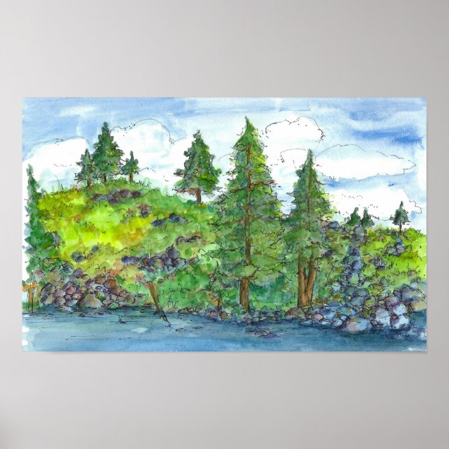 Mountain Lake Trees Watercolor Painting Poster (Front)