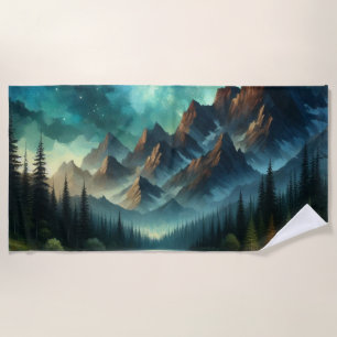Mountain Lake under the stars Beach Towel