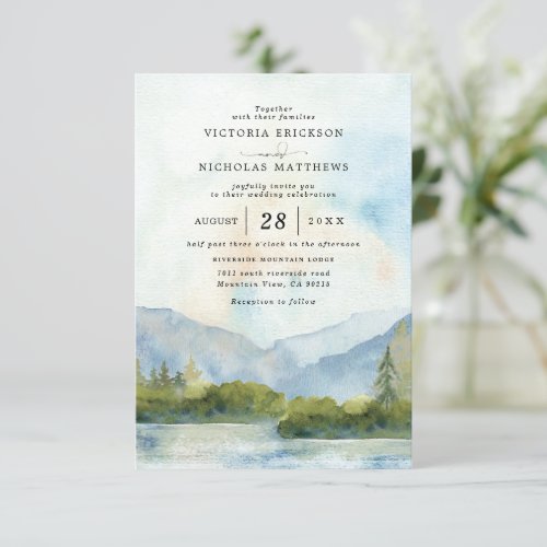 Mountain Lake Watercolor Budget QR Code Wedding Invitation