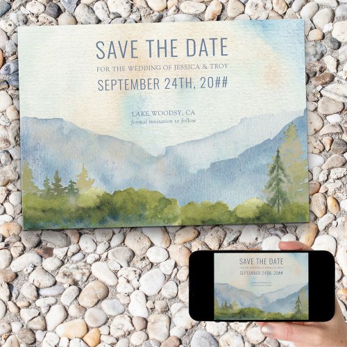 Mountain Lake Watercolor Dusty Blue Save The Date