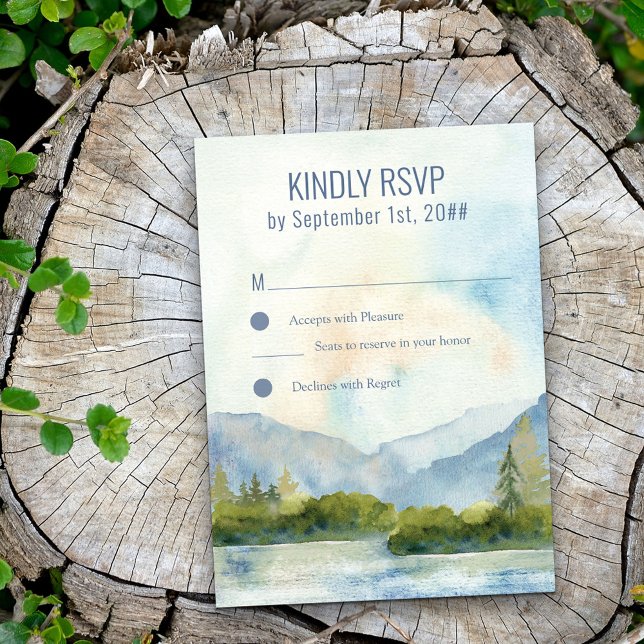 Mountain Lake Watercolor Dusty Blue Vertical RSVP Card (Creator Uploaded)