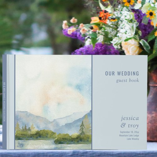 Mountain Lake Watercolor Dusty Blue Wedding Guest Book